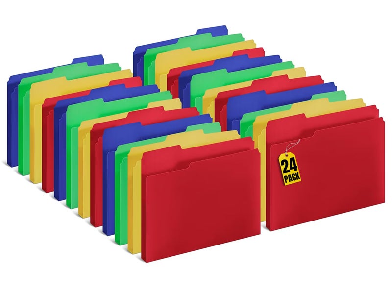 1InTheOffice Plastic File Folders, Poly File Folders. Letter Size, 1/3 Cut File Folders Multi Colors Assorted, 24 Pack - Image 1